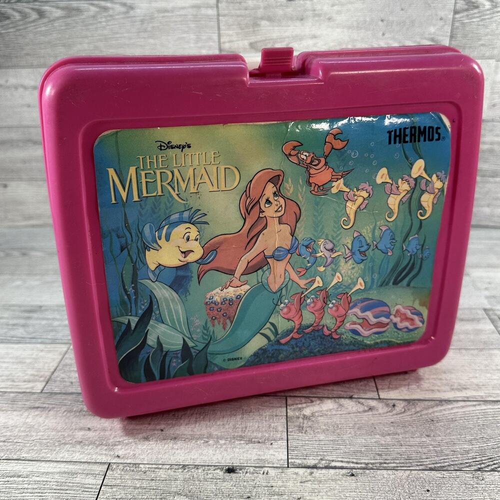 Vintage 90s Disney Little Mermaid Lunchbox Thermos Pink Ariel Flounder USA Case